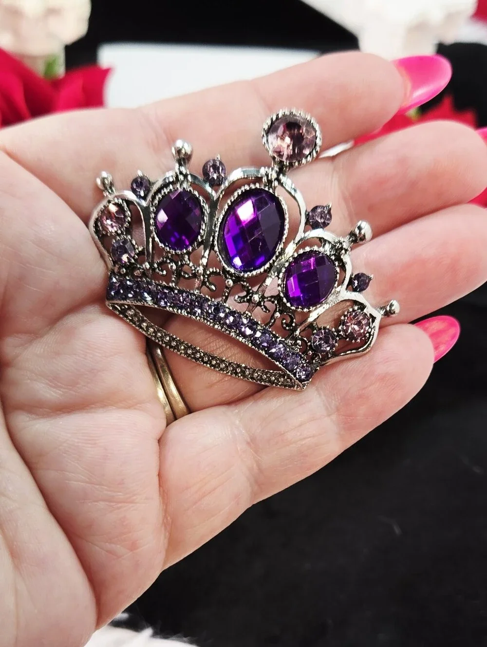 Purple Crown Brooch Royal Crystal Pin Silver Filigree Princess Glam Jewelry